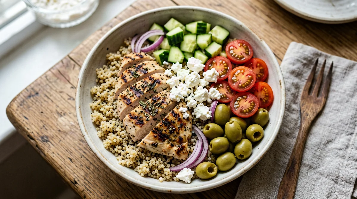 Bowl greca di quinoa con pollo, cetriolo, olive e feta