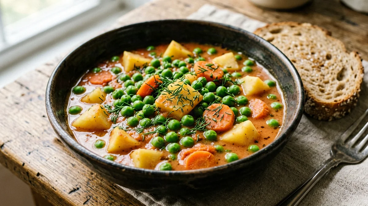 Arakas latheros: braised peas with potatoes, carrots and dill