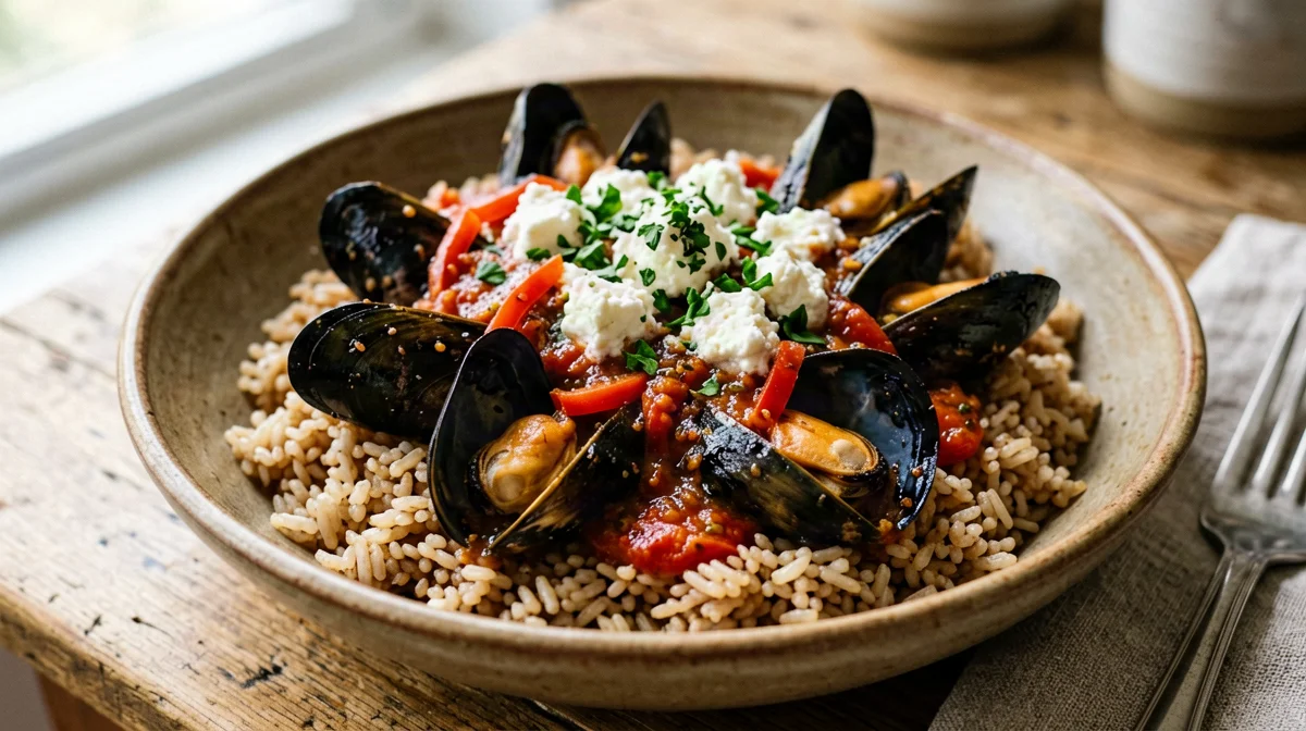 Cozze saganaki con feta, peperoni e riso integrale