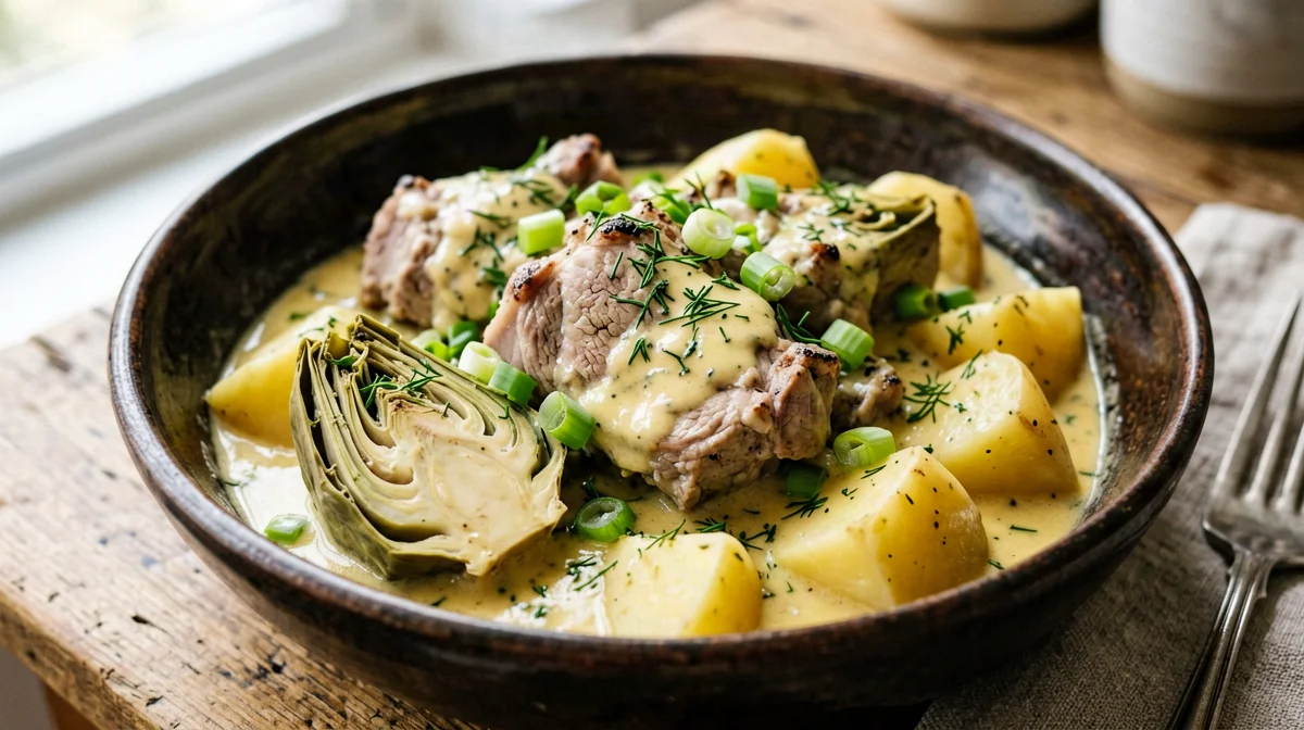 Agnello con carciofi, aneto e salsa avgolemono