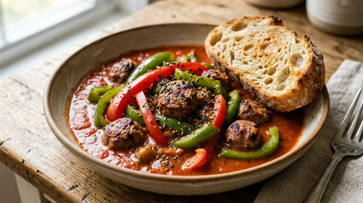 Spetsofai: sausage and peppers stew with country bread
