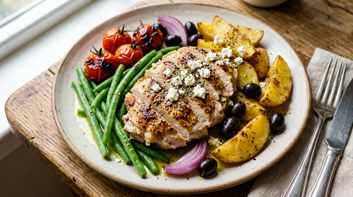 Greek-style baked turkey with green beans, tomatoes and feta
