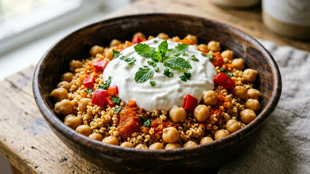 Bulgur pilafi con pomodoro, ceci e yogurt alla menta