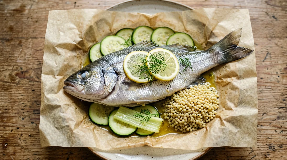 Branzino al cartoccio con verdure all'aneto e orzo
