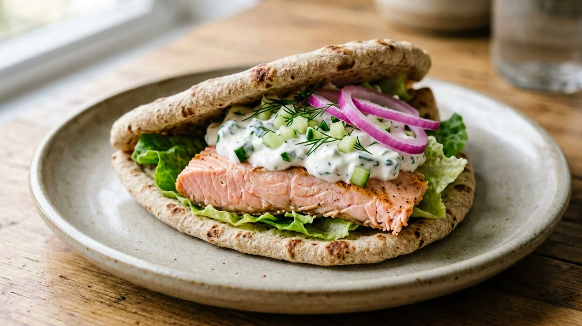 Pita integrale con salmone, tzatziki e cipolla in agrodolce
