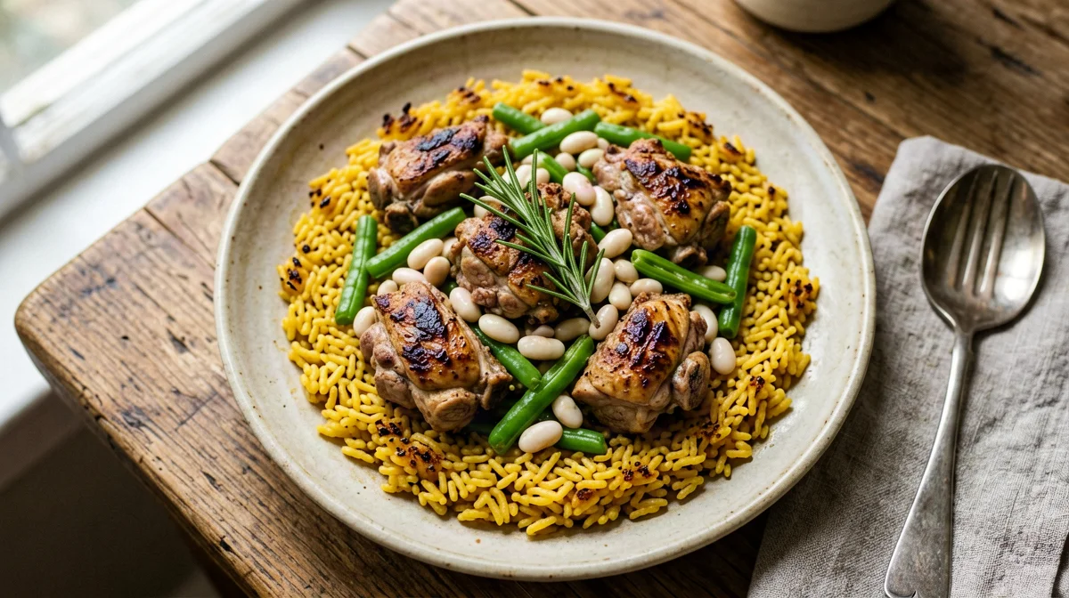 Light Valencian paella with chicken, rabbit and green beans