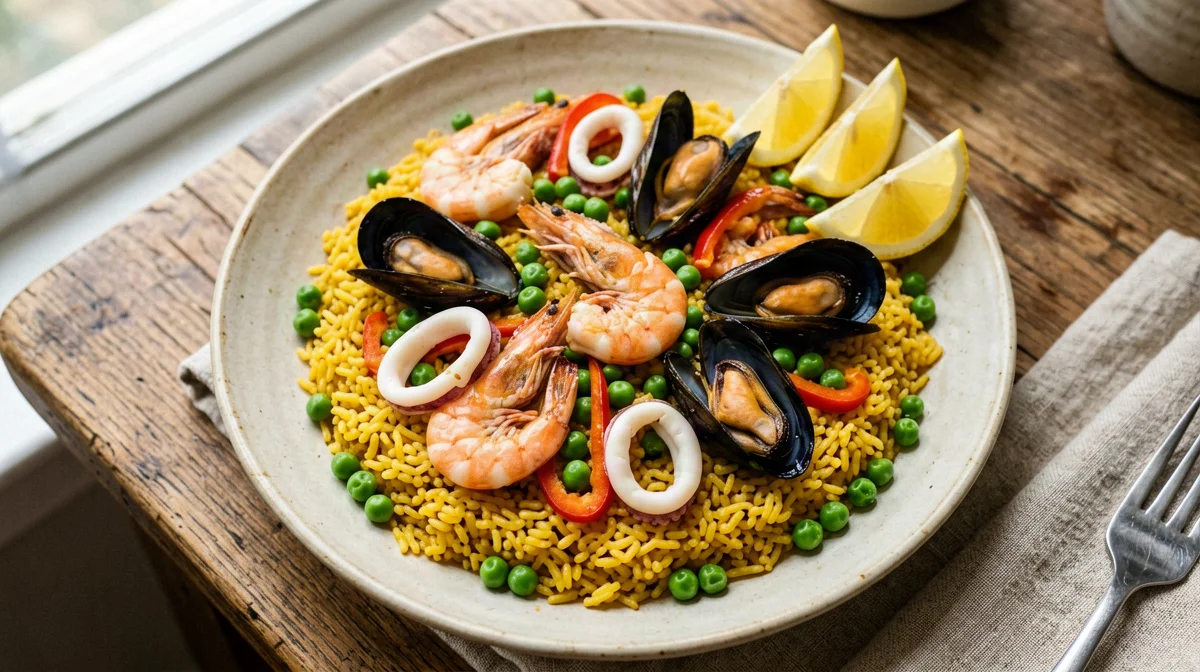 Seafood paella with shrimp, mussels and squid