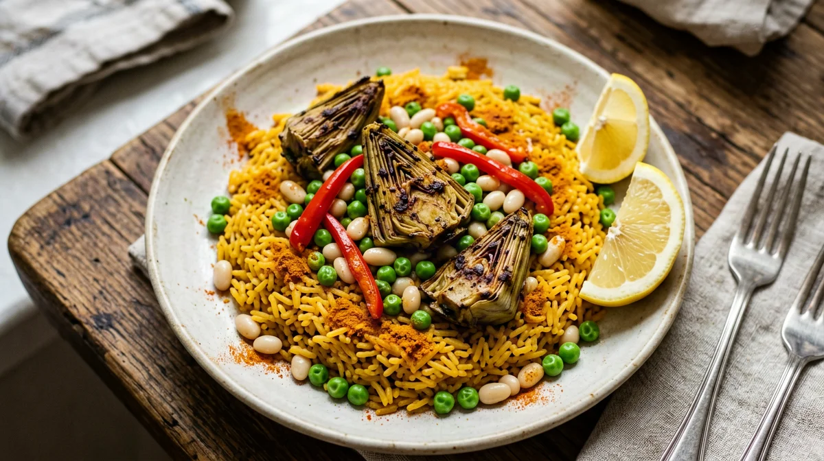Paella di verdure con carciofi, piselli e peperoni