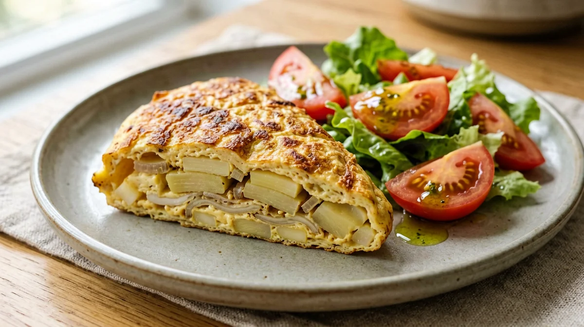 Oven-baked potato and onion tortilla with tomato salad