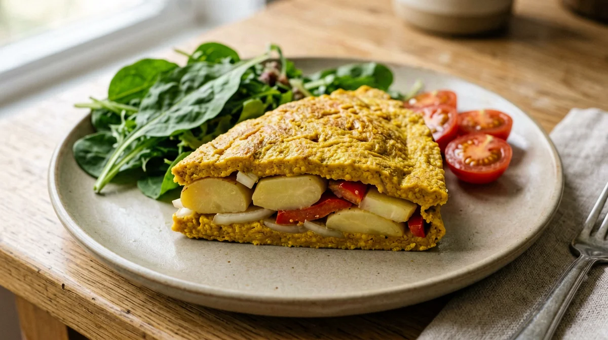 Vegan chickpea flour tortilla with potatoes and peppers