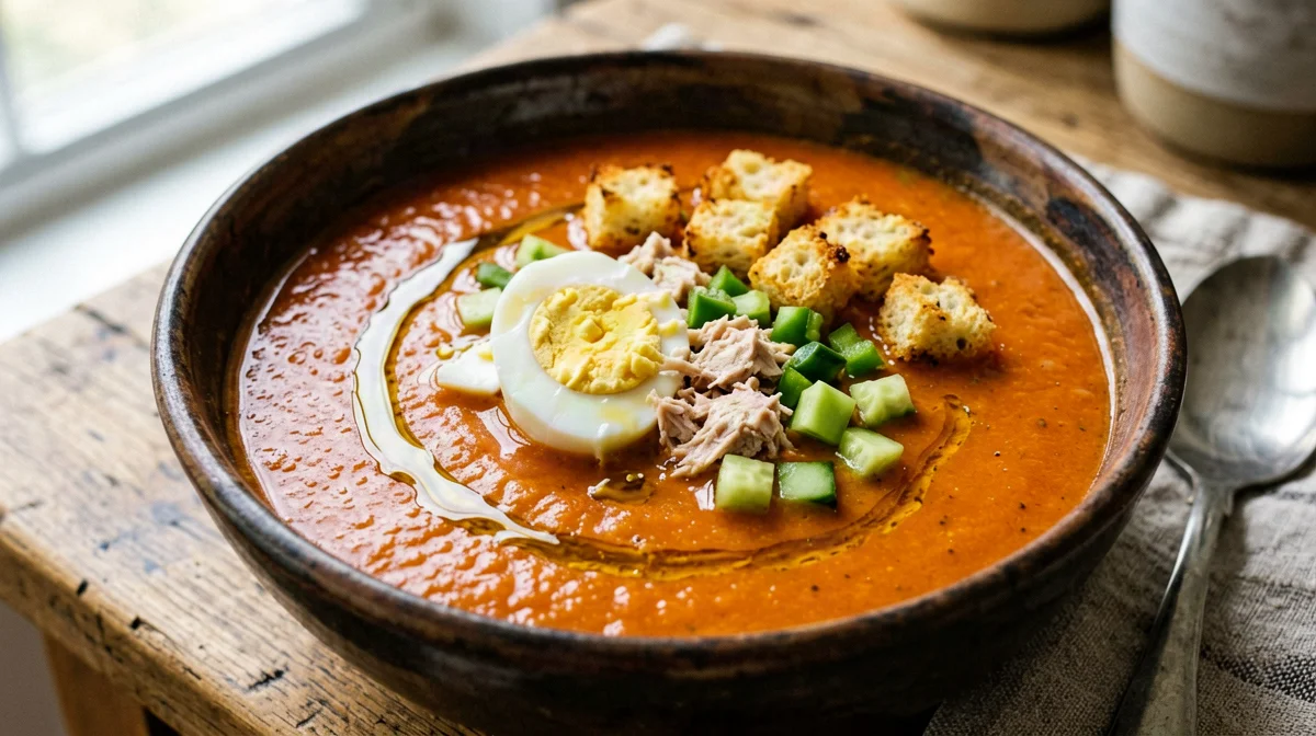 Gazpacho andaluso con uova sode, tonno e crostini
