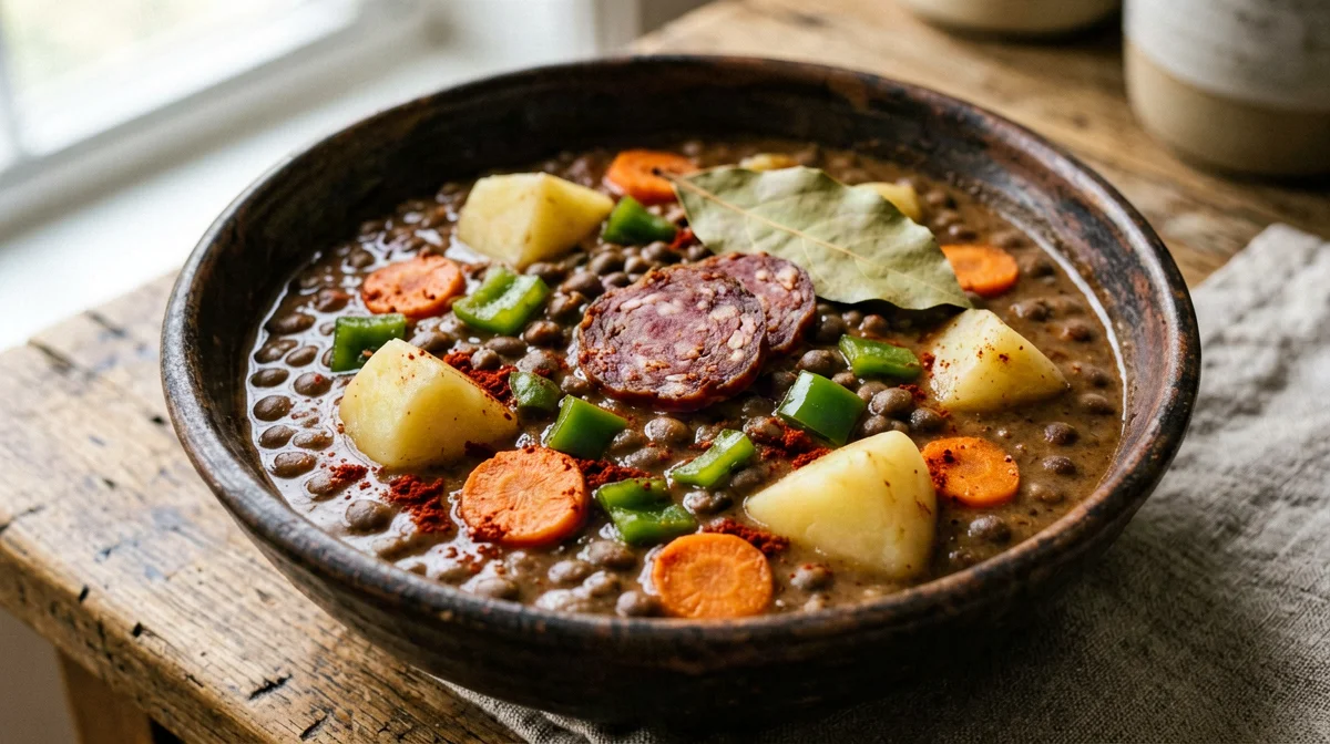 Lentejas estofadas with chorizo, carrots and potatoes