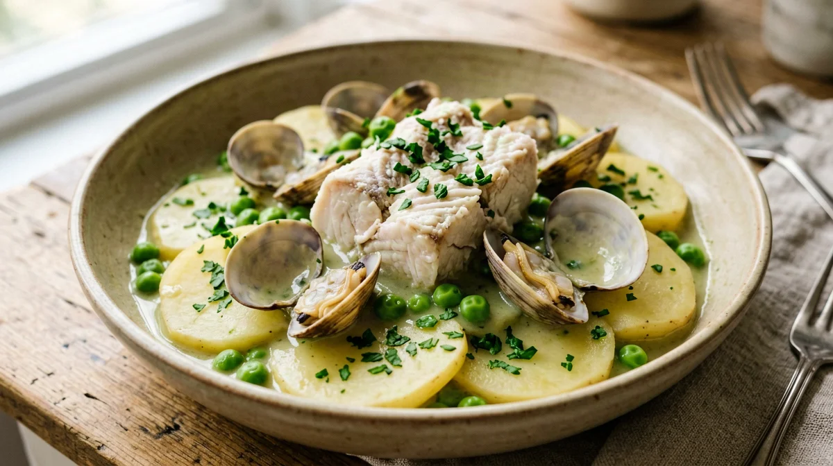Merluza en salsa verde con vongole e patate