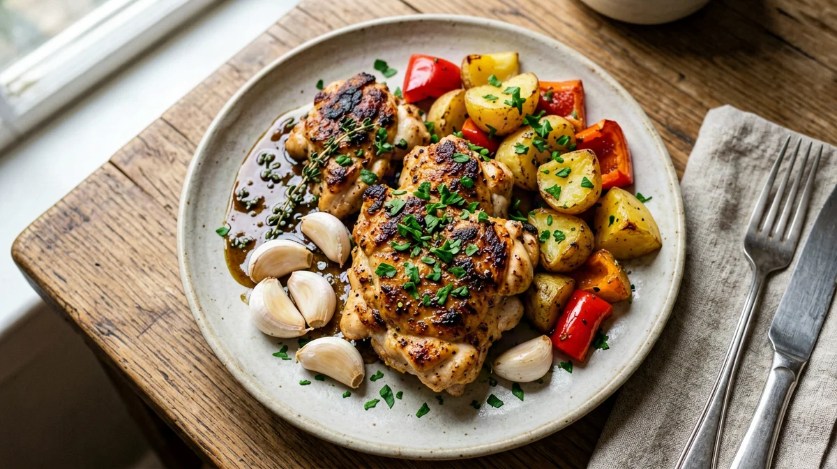 Pollo al ajillo with roast potatoes and peppers