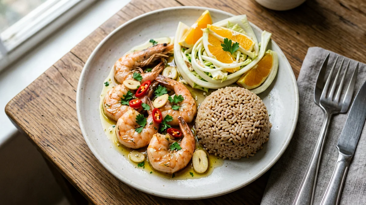 Gambas al ajillo con riso integrale e insalata di finocchi