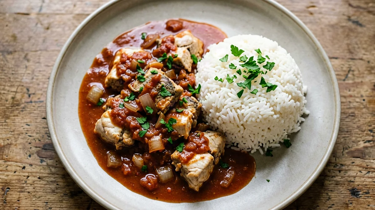 Bacalao a la vizcaína with peppers and rice