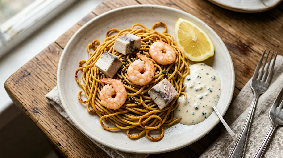 Fideuà di nasello e gamberi con alioli leggero