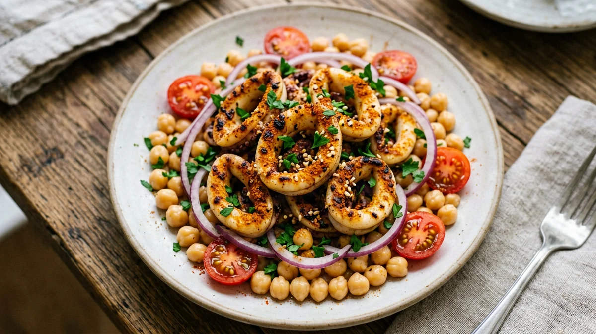 Squid a la plancha with chickpea and tomato salad
