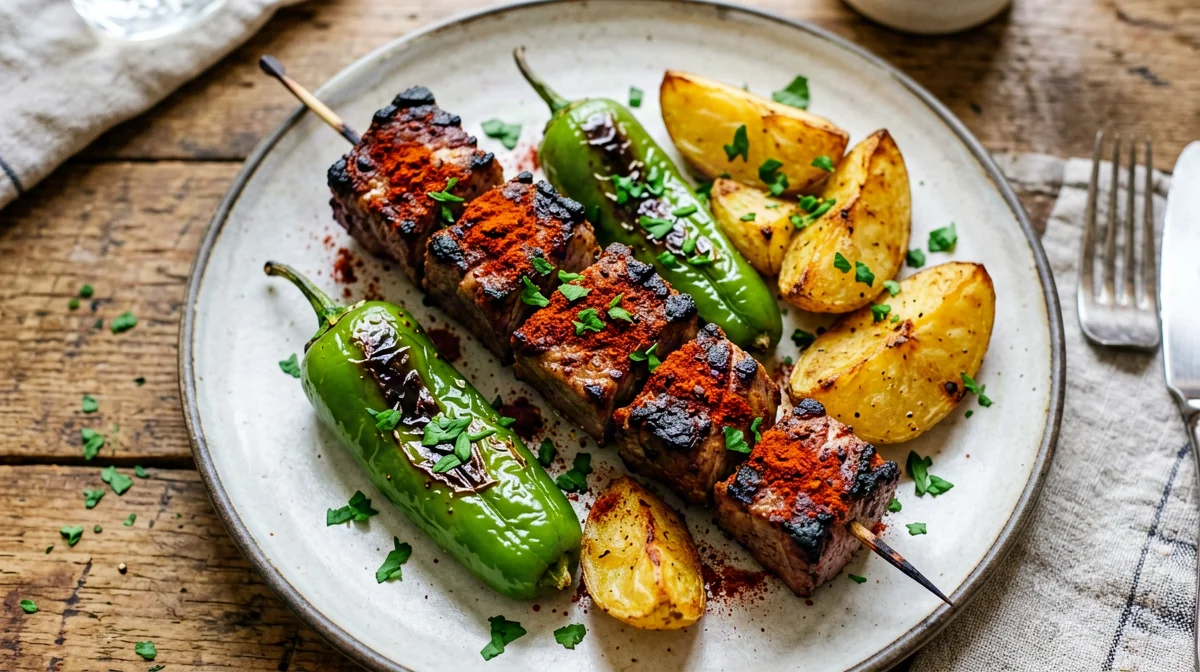 Pinchos morunos: pork loin skewers with potatoes and green peppers