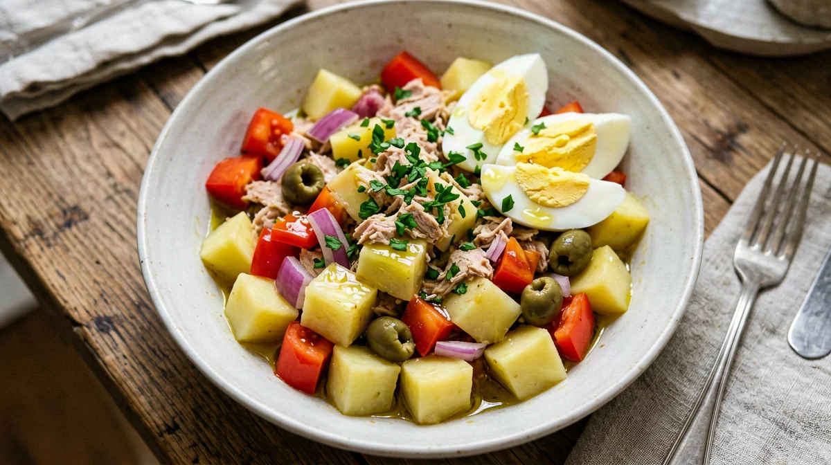 Ensalada campera with potatoes, egg, tuna and peppers