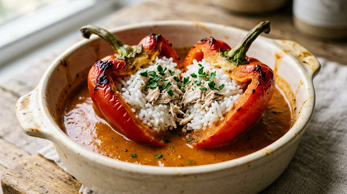 Peppers stuffed with cod and rice in tomato sauce