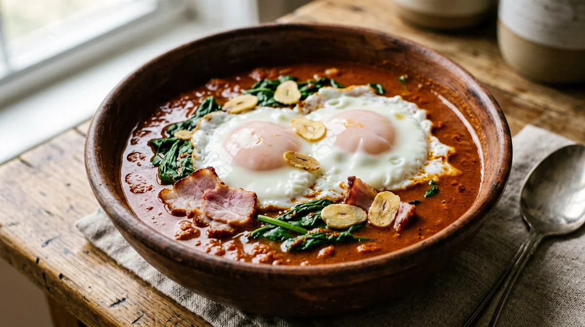 Sopa de ajo castellana con uovo in camicia e prosciutto