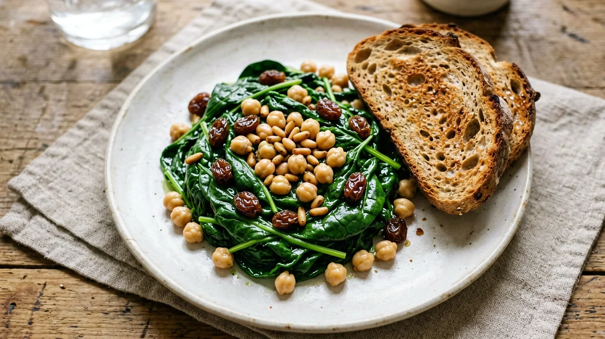 Espinacas a la catalana with chickpeas, raisins, pine nuts and bread