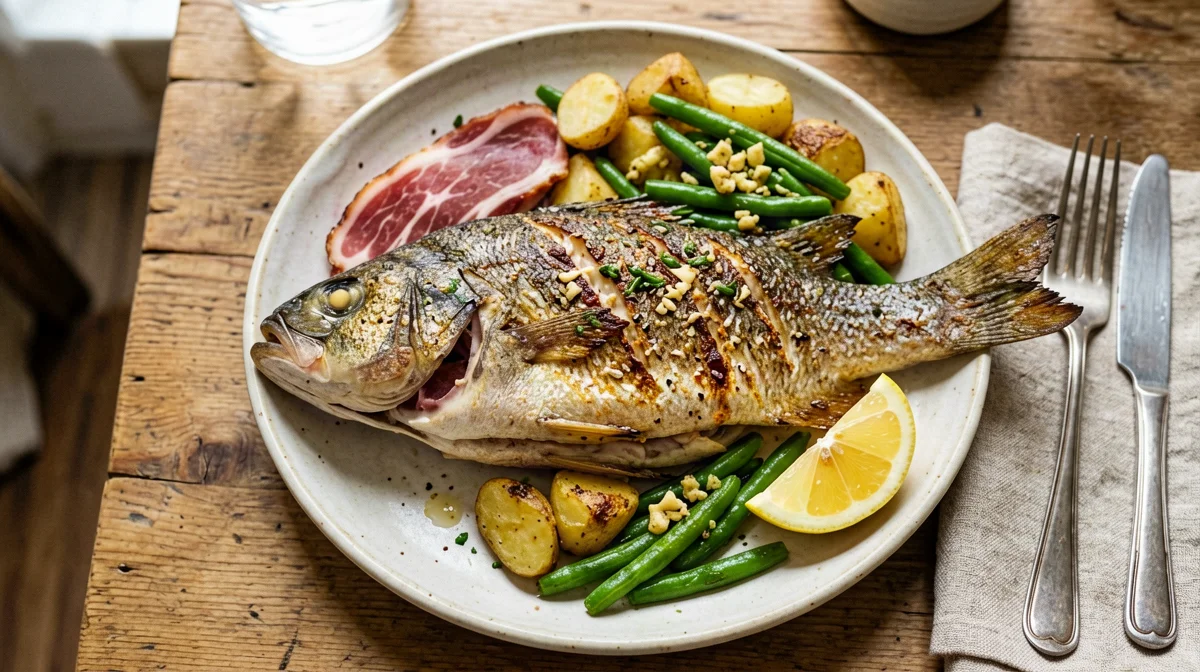 Trota alla navarra con prosciutto, patate e fagiolini