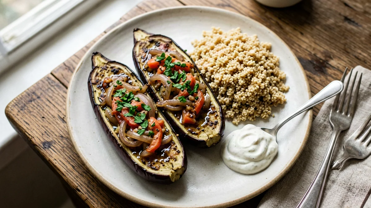 Imam bayildi con bulgur e yogurt all'aglio