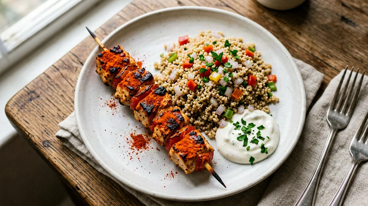 Tavuk şiş con bulgur pilavı e salsa di yogurt