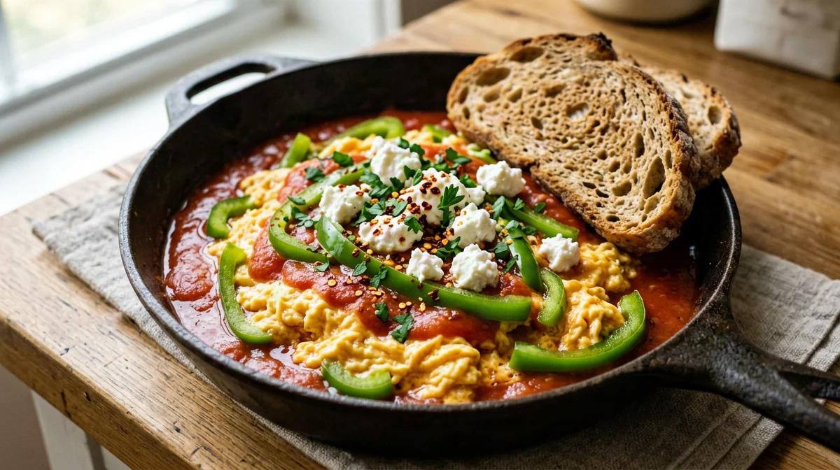 Menemen con peperoni verdi, pomodori e pane integrale
