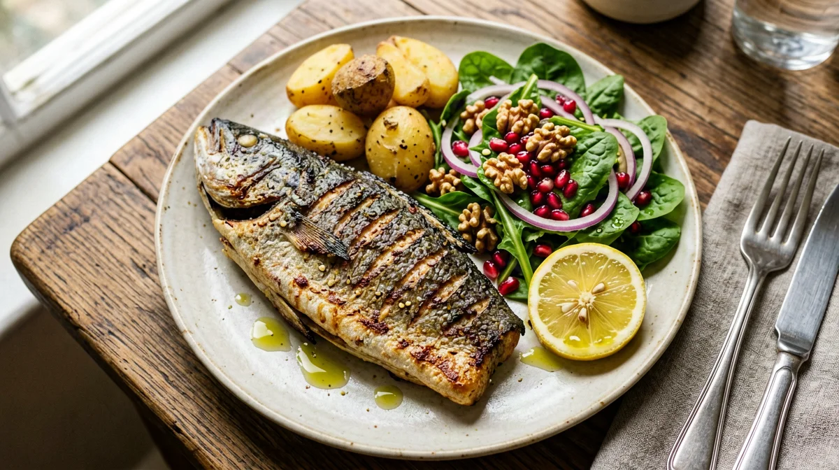 Grilled sea bass with rocket, pomegranate and walnut salad