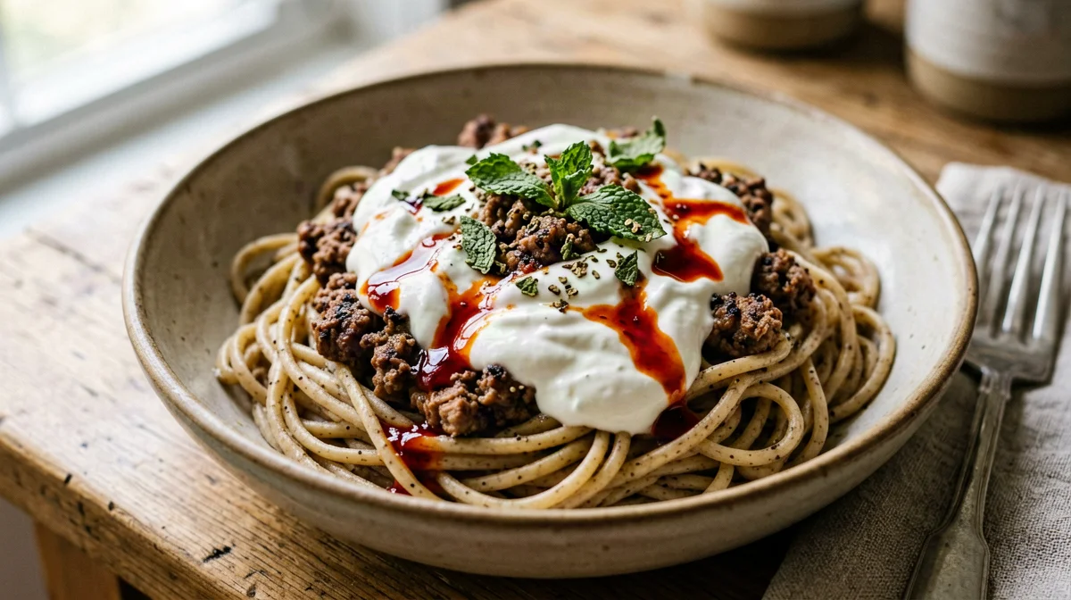 Lazy mantı: pasta with turkey mince, garlic yogurt and paprika