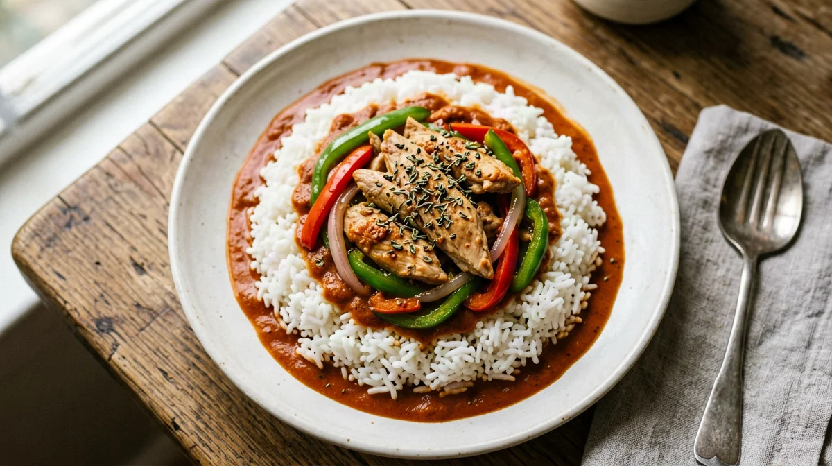 Tavuk sote: pollo saltato con peperoni, pomodoro e riso pilaf