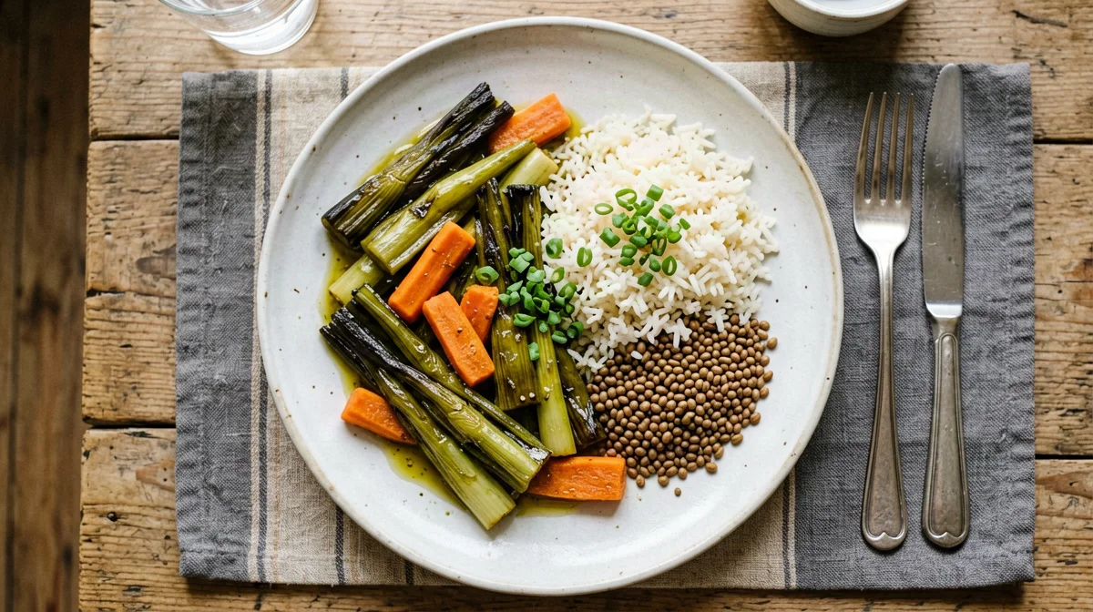 Zeytinyağlı pırasa: porri all'olio con carote, riso e lenticchie