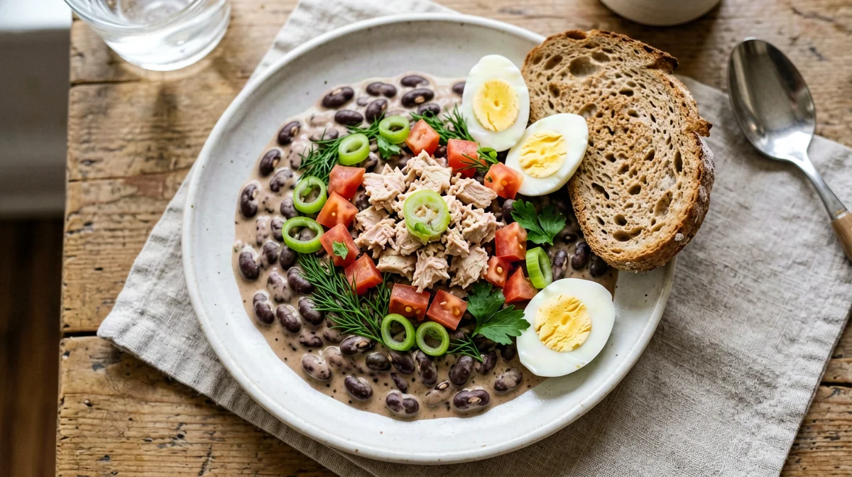 Börülce salatası con tonno, uova e cipollotto