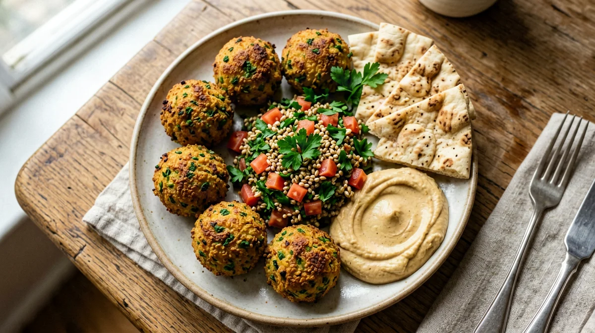 Piatto mezze vegano con hummus, tabbouleh e falafel al forno