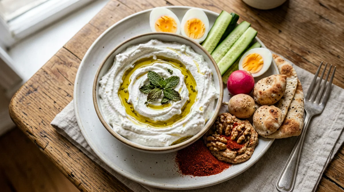 Mezze con labneh, muhammara, uova sode e verdure crude