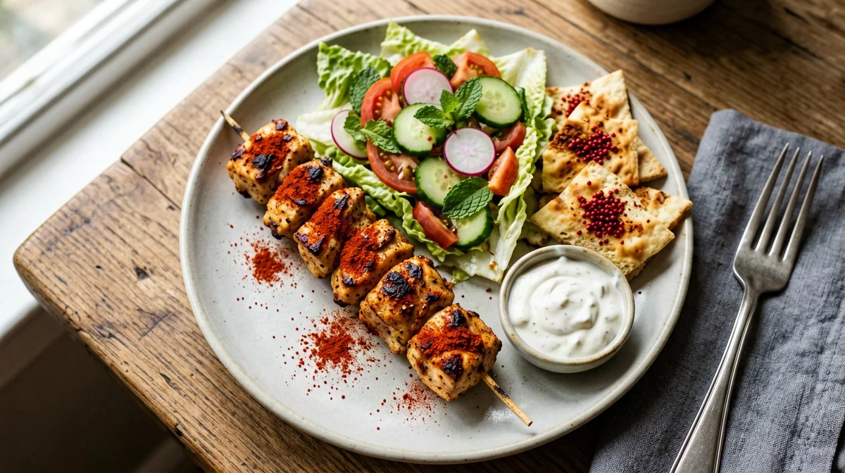 Shish taouk with fattoush and yogurt toum
