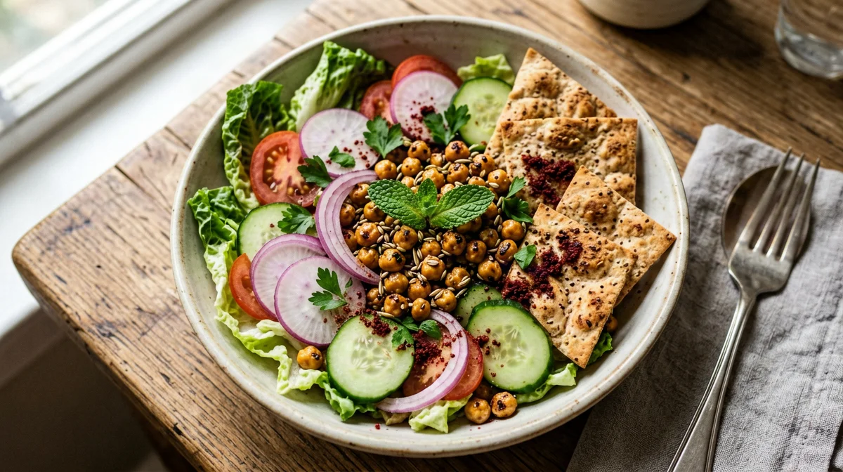 Fattoush with crispy cumin chickpeas and baked pita