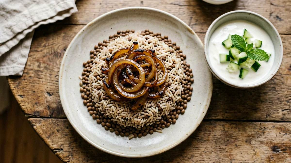 Mujaddara: lentils and rice with caramelised onions