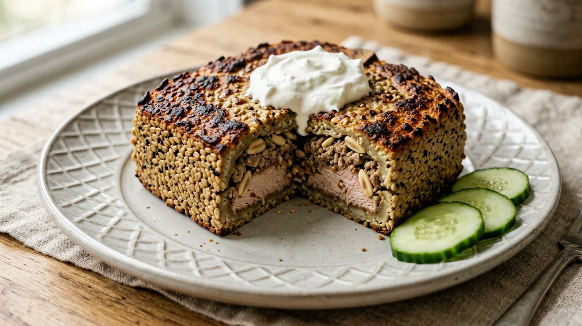 Baked bulgur and turkey kibbeh with pine nuts and yogurt