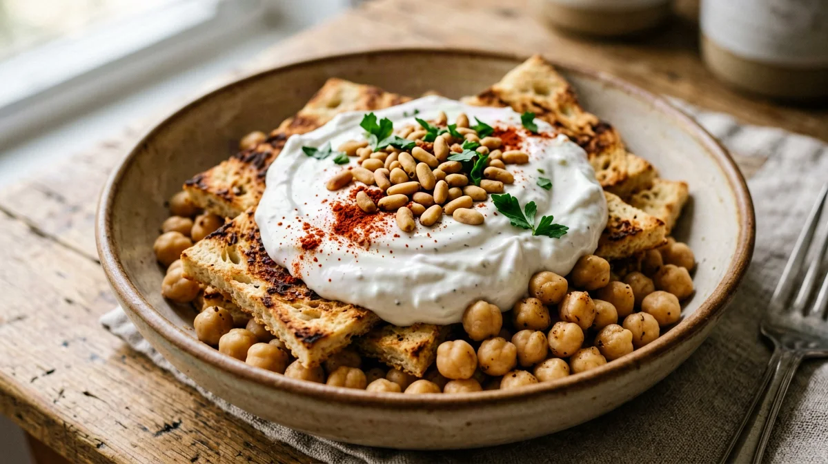Chickpea fatteh with garlic yogurt, pine nuts and crispy pita