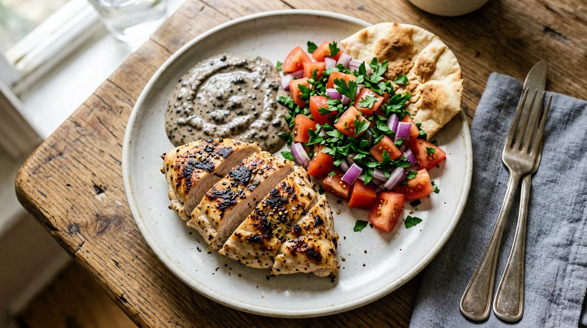 Pollo alla griglia con baba ganoush e insalata di prezzemolo
