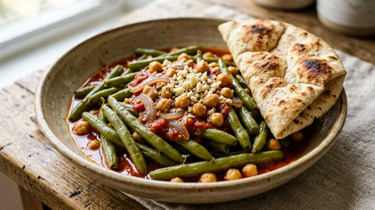 Loubieh bi zeit: fagiolini all'olio con ceci e pita