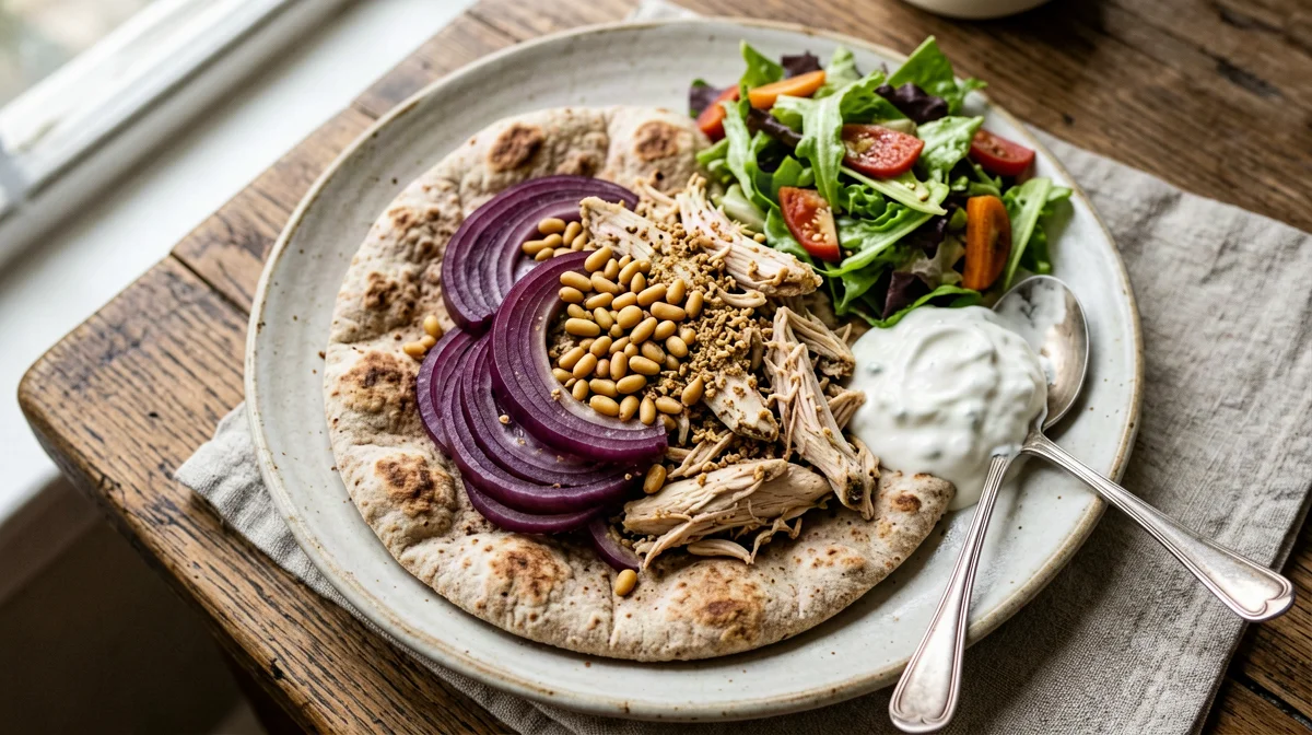 Musakhan leggero: pollo, cipolle e pinoli su pita integrale