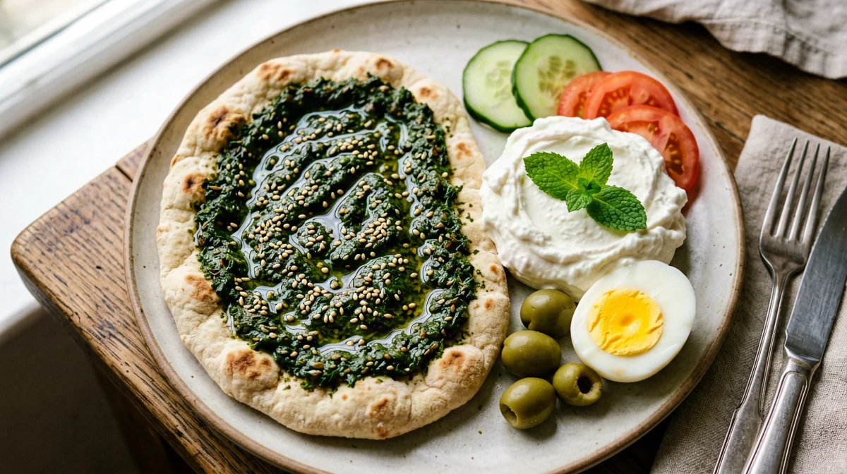 Manakish al za'atar con labneh, pomodori e olive