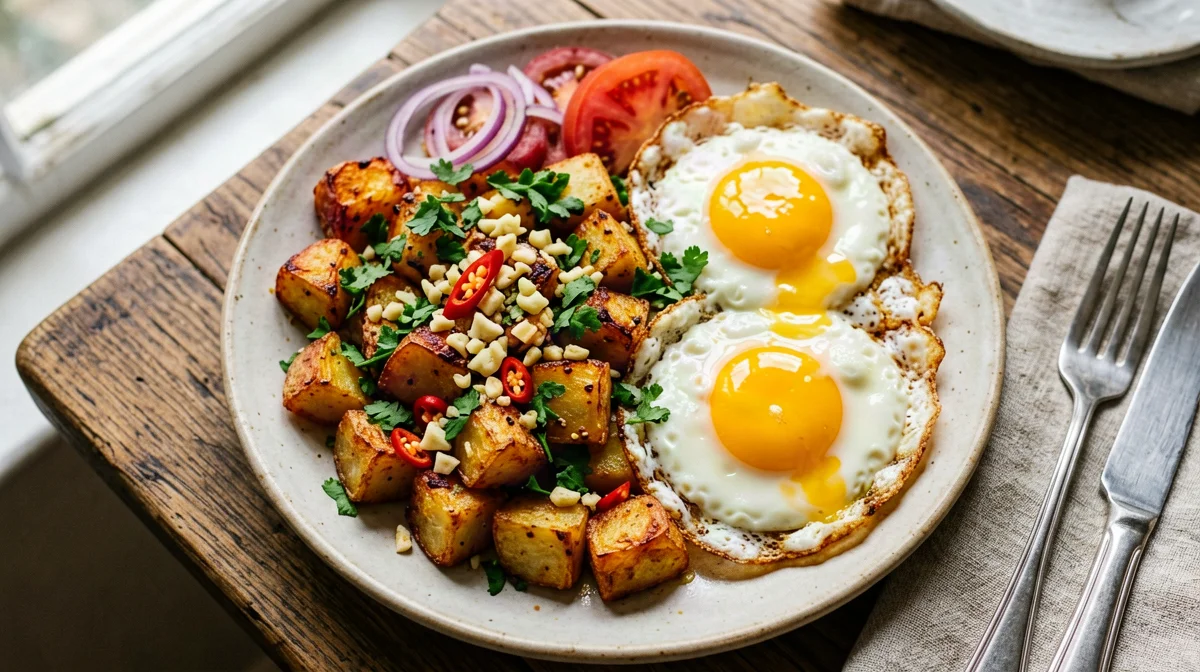Batata harra with fried eggs and tomato salad