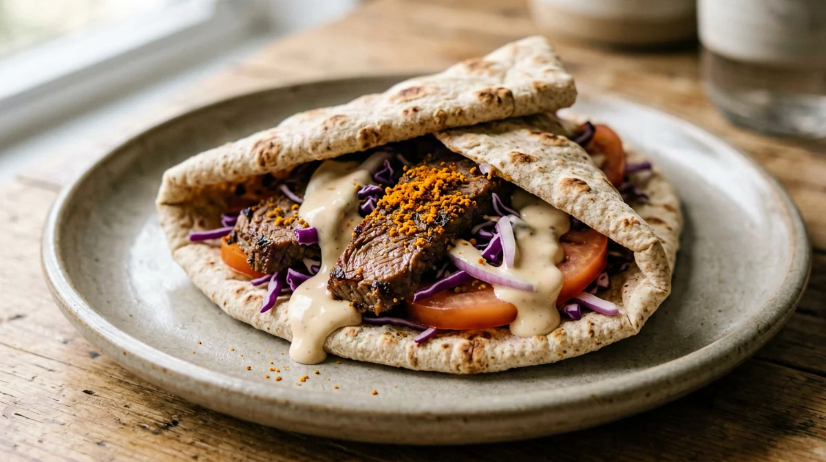 Shawarma di seitan in pita con tahina e cavolo rosso