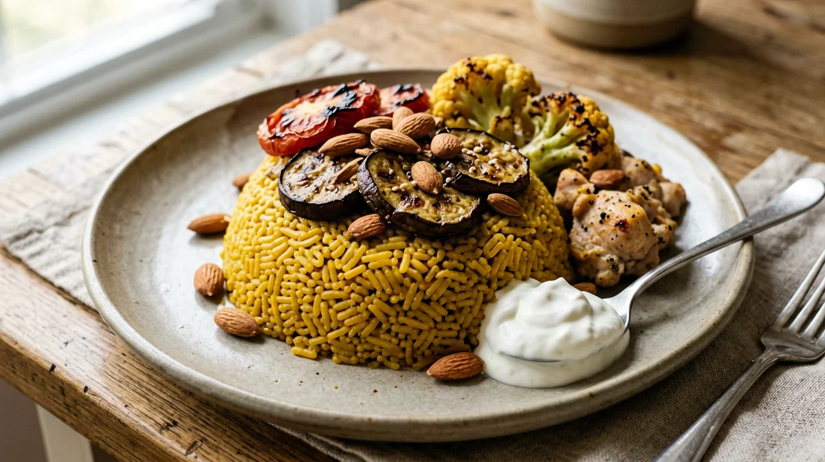 Upside-down maqluba with rice, cauliflower, aubergine and chicken